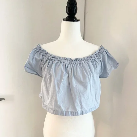 Aritzia Wilfred | Cropped Off Shoulder Cotton Blouse | Small | Blue - Picture 2 of 9